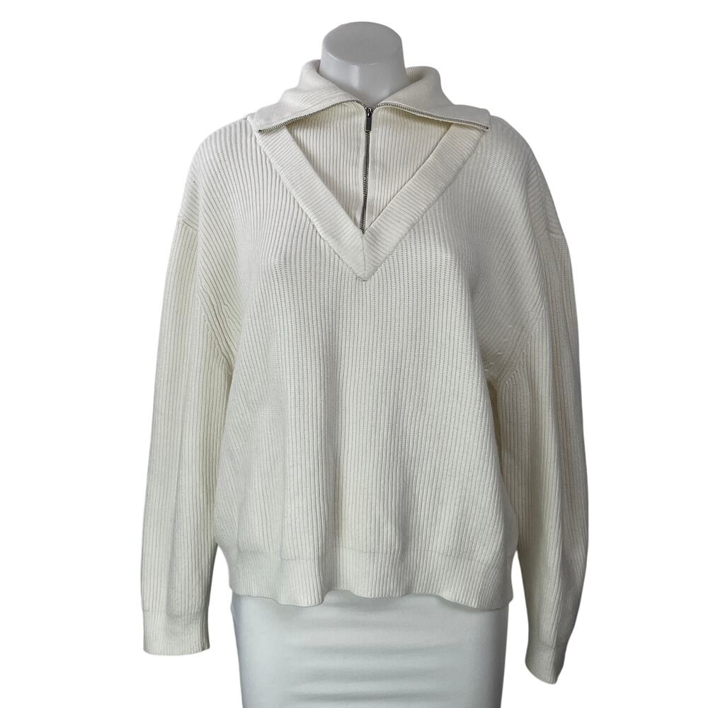 MNG Mango Womens White Ribbed Knit 1/4 Zip Collar Long Sleeve Sweater Top Size L
